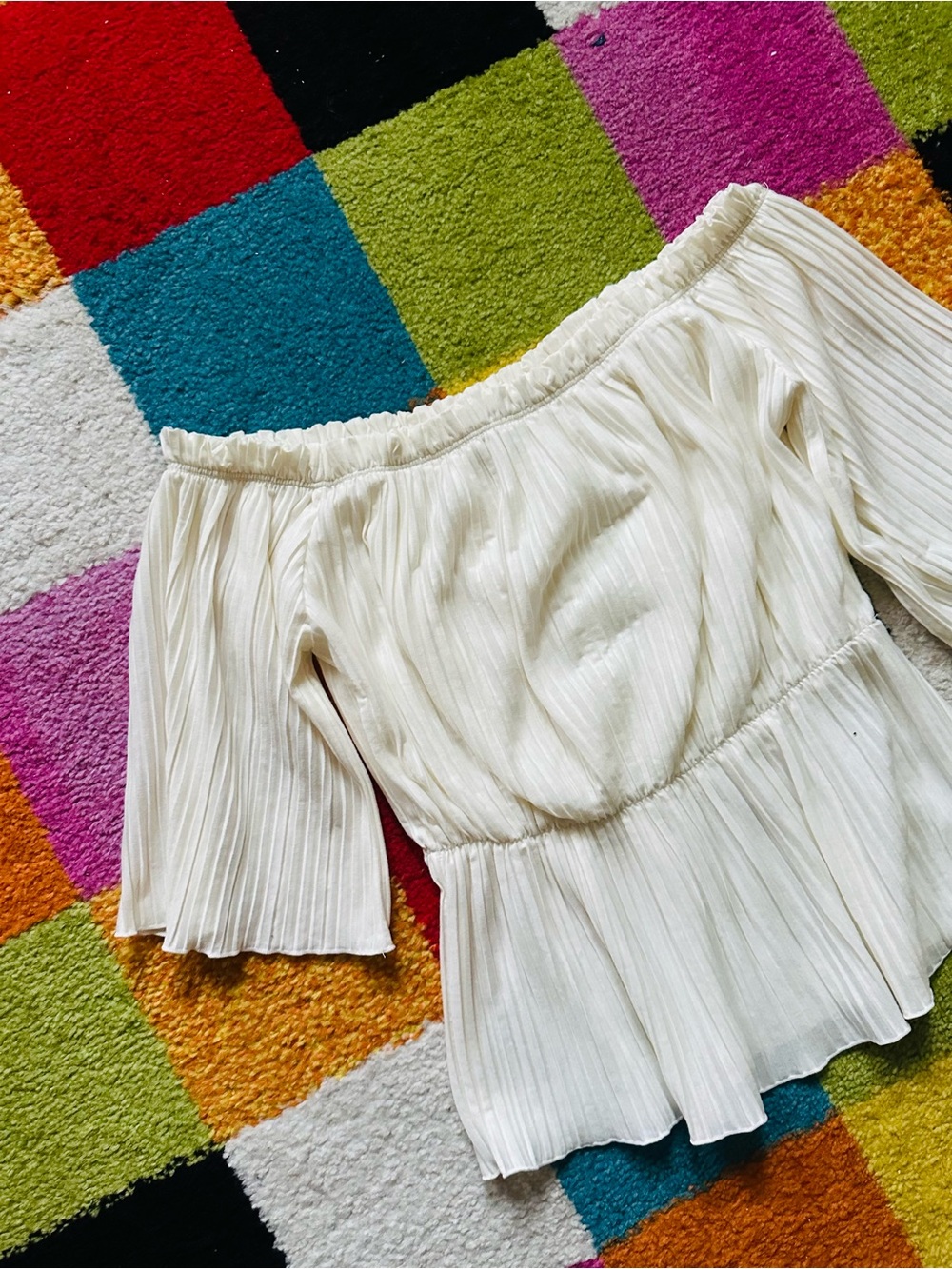 Express Off-the-Shoulder Cream Pleated Blouse